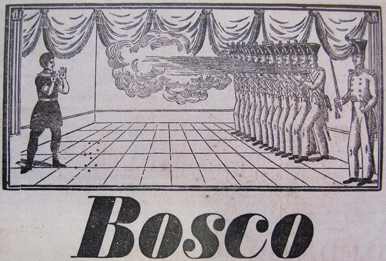 Bosco rappresentato durante lo spettacolare numero in cui riusciva a sopravvivere al tiro di un plotone d’esecuzione.