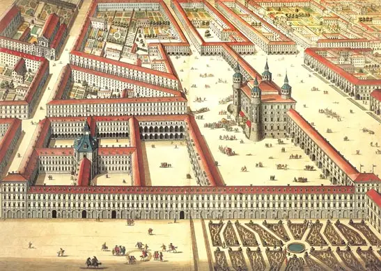 Una vista dall’alto di Torino nel Settecento, tratta da “Theatrum Sabaudiae”. In primo piano l’Accademia Reale di Torino.