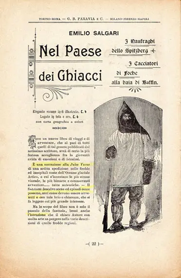 Pubblicità editoriale tratta da “Nel paese dei ghiacci” di Emilio Salgari