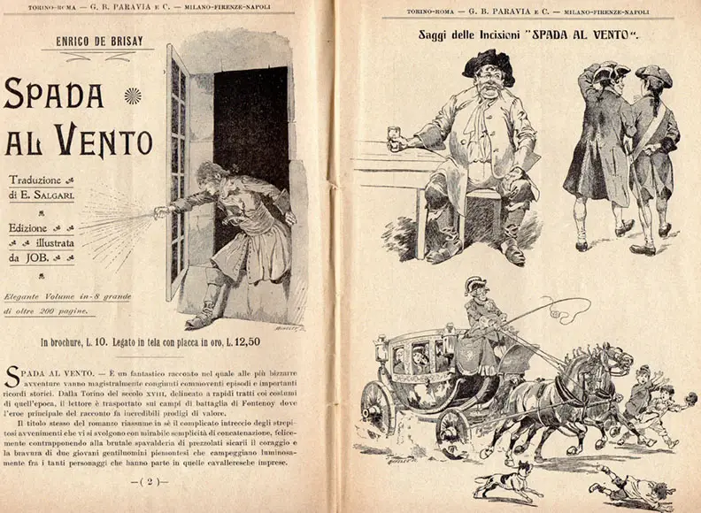 Pubblicità editoriale di “Spada al vento”, tradotto da Emilio Salgari.
