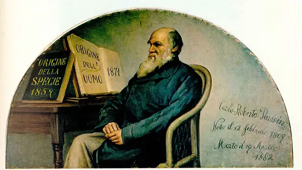 Pannello del 1890, esposto nel Museo di Anatomia Umana di Torino, celebrante Darwin e i suoi scritti principali.