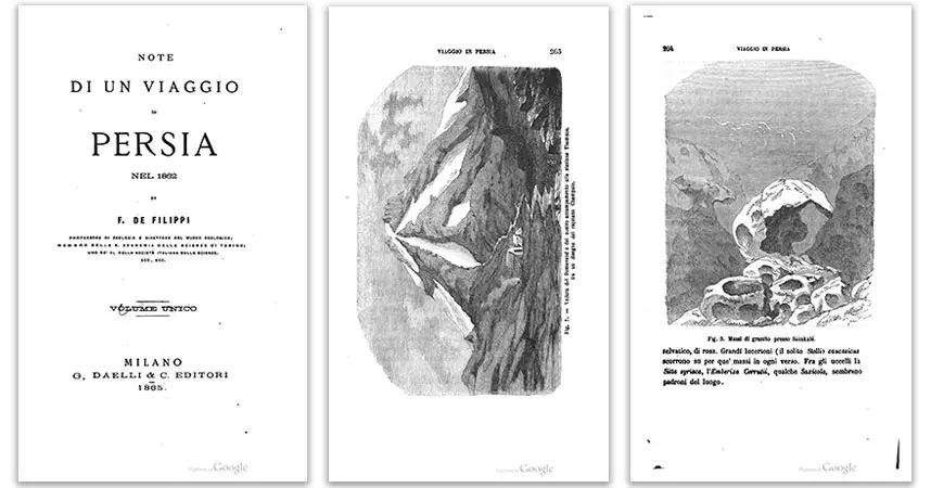 Frontespizio e alcune illustrazioni tratti da “Note di un viaggio in Persia nel 1862” di Filippo De Filippi