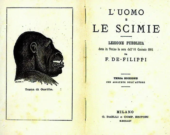Frontespizio del saggio “L’uomo e le scimie”, Filippo De Filippi, G.Daelli e C. Editori, 1864.