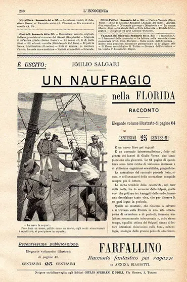 Pagina del settimanale “L’Innocenza” (1896) con pubblicità salgariana.