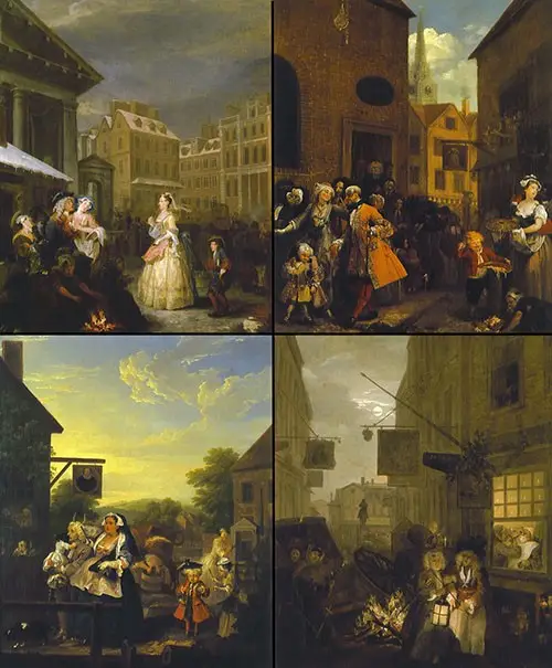 “Quattro momenti del giorno” di William Hogarth. Serie di dipinti che ritraggono scene di vita quotidiana nelle strade di Londra di inizio ‘700.
