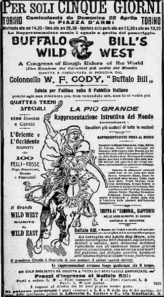 Locandina dello spettacolo di Buffalo Bill a Torino, nel 1906.