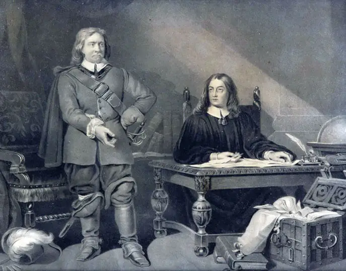 “Cromwell e Milton. Il Lord Protector mentre detta una lettera al Duca di Savoia per interrompere le persecuzioni a danno dei protestanti in Piemonte nel 1655”, litografia di Frederick Newenham.