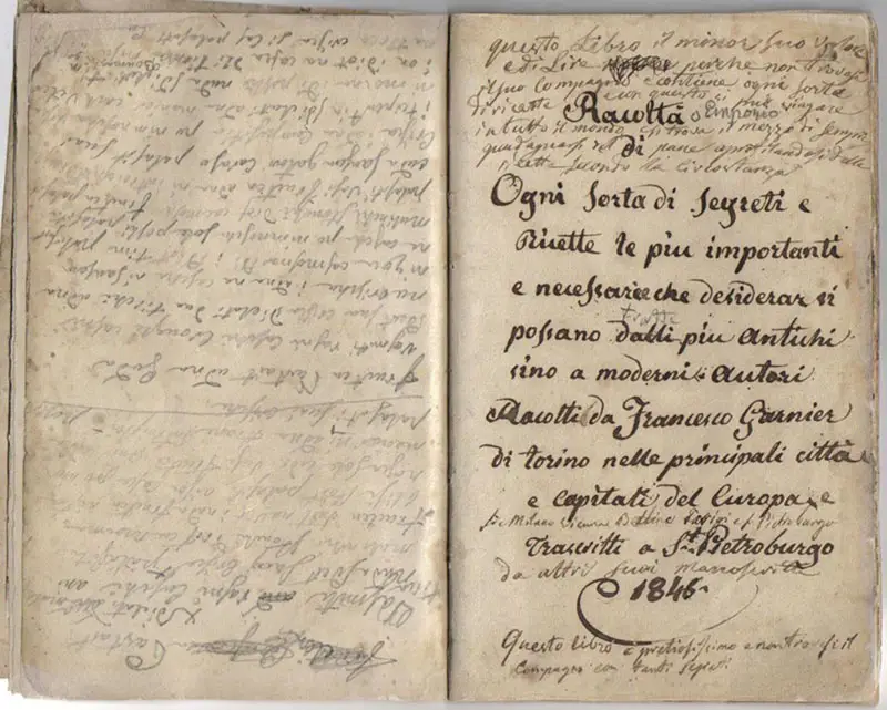 Manoscritto inedito iniziato nel 1846 quando Garnier Valletti si trovava a San Pietroburgo presso la corte dello Zar Nicola I Romanov, fitto di annotazioni, appunti, ricette, formule utili che abbraccia gli ambiti più disparati del sapere: dall’agricoltura ai rimedi naturali in campo medico, dai metodi di conservazione dei cibi ai nuovi processi di coltivazione e via dicendo. Foto © Museo della Frutta