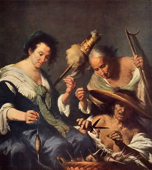 Le tre parche dipinte da Bernardo Strozzi (olio su tela, 1644 ca.).