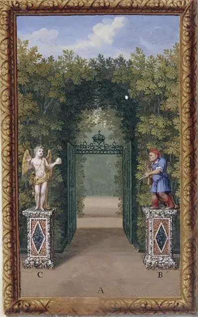 L'entrata del labirinto di Versailles con le statue di Esopo e di Amore, tratto da