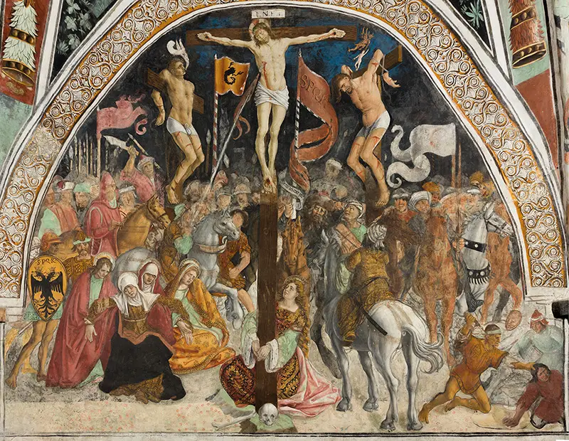 Crocifissione, affresco nella Parrocchiale di S. Maria a Elva (© Diocesi di Saluzzo – Ufficio Beni Culturali Ecclesiastici).