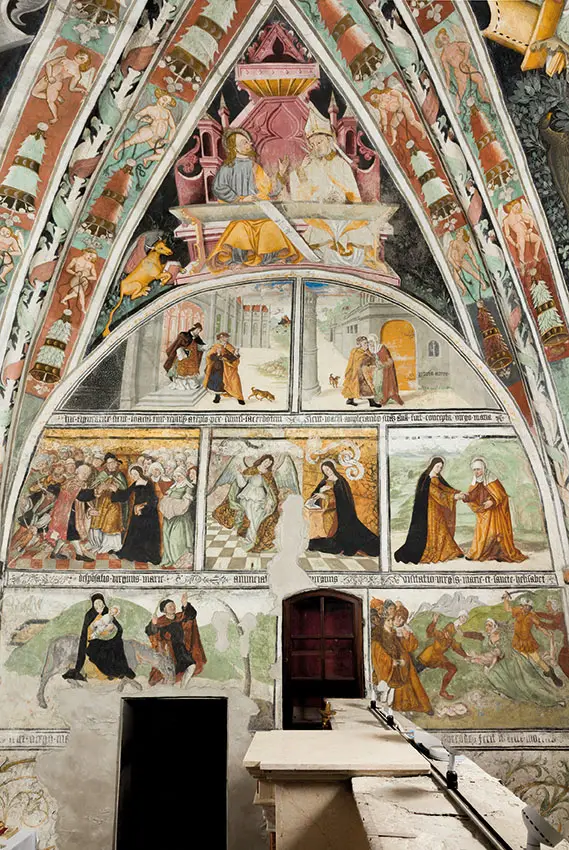 Storie della Vergine, affreschi nella Parrocchiale di S. Maria a Elva (© Diocesi di Saluzzo – Ufficio Beni Culturali Ecclesiastici).