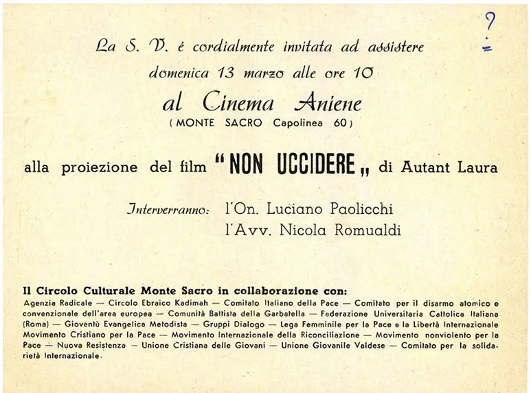 Biglietto d’invito alla proiezione del film “Non uccidere” al Cinema Aniene di Roma, quando ormai la censura è stata rimossa (© Mir Roma, f. 284).