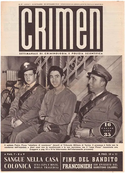 Prima pagina del periodico Crimen che immortala Pietro Pinna in attesa del processo (© Archivio Centro Studi Sereno Regis, FBS, fasc. 1054).