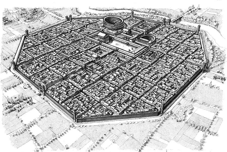 La forma ottagonale della città di Alba nel disegno ricostruttivo di Francesco Corni (© Alba Sotterranea).