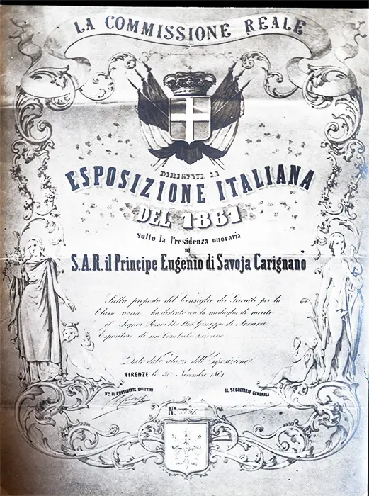 Diploma di medaglia di merito ricevuta all’Esposizione Nazionale di Firenze nel 1861 (© Centro di Documentazione dei Musei Civici di Novara).