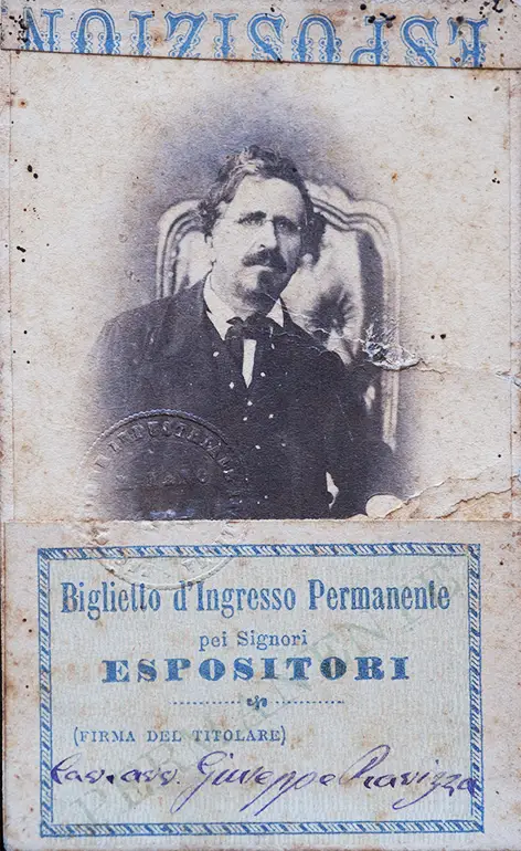 Biglietto che consentiva l’ingresso a Ravizza come espositore all’Esposizione Nazionale di Milano del 1881 (© Centro di Documentazione dei Musei Civici di Novara).
