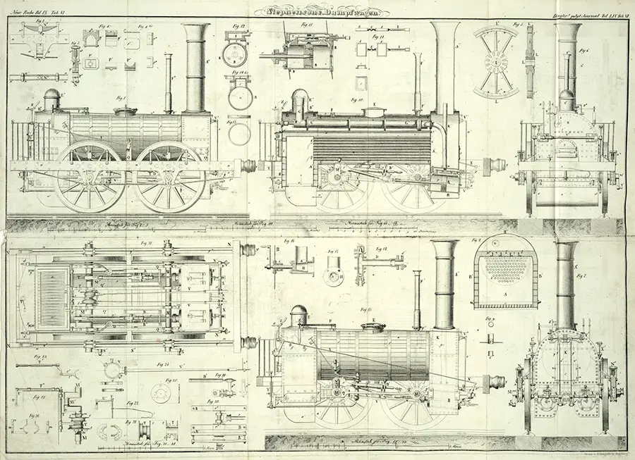Disegno della locomotiva di George Stephenson, 1836.