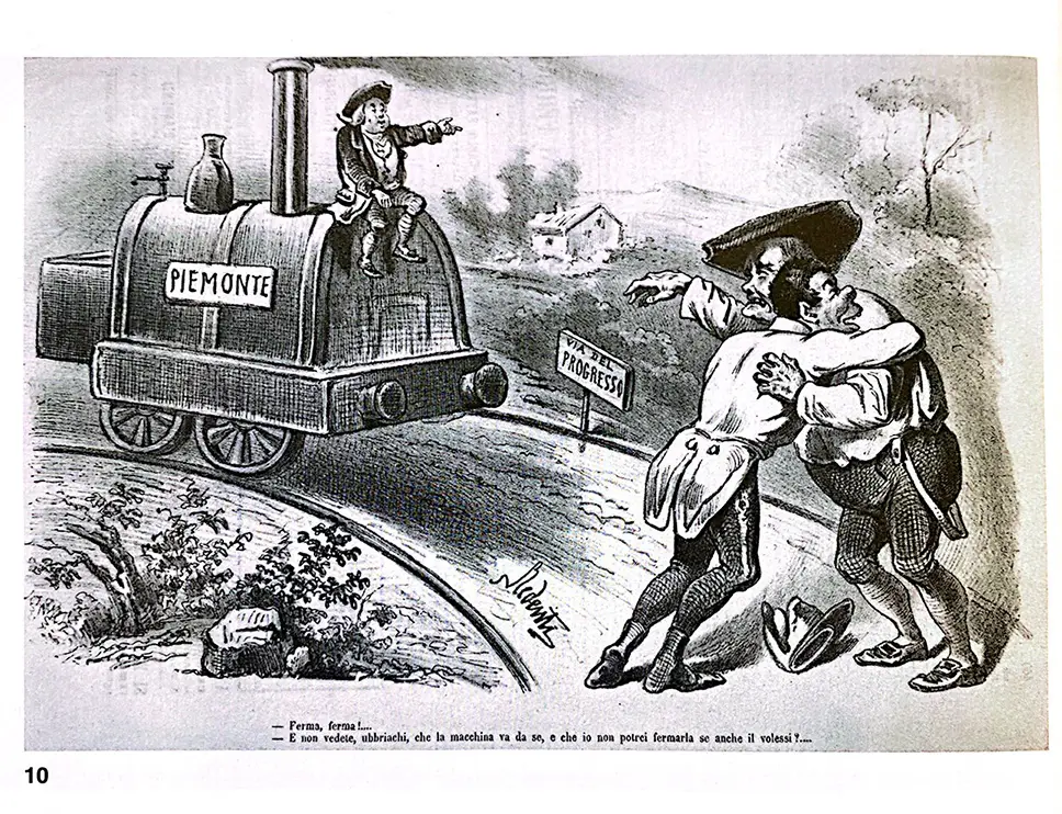 Vignetta contenuta in Guderzo G., Ferrovie nel Piemonte Preunitario, Milano, Hoepli, 2018.