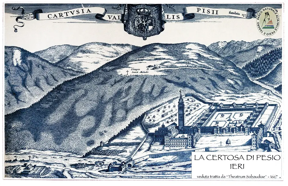 Illustrazione della certosa di Pesio ieri, tratta dal cartellone del Parco Alta Valle Pesio.