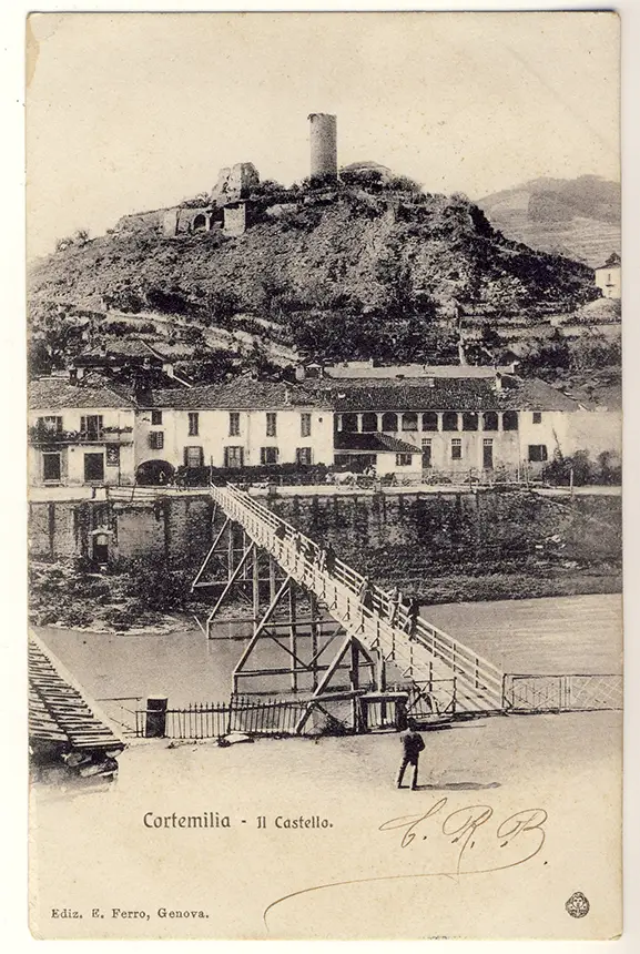 La passerella in legno sul Bormida dopo l'alluvione del 1900 e prima della costruzione della Pontina del 1909.