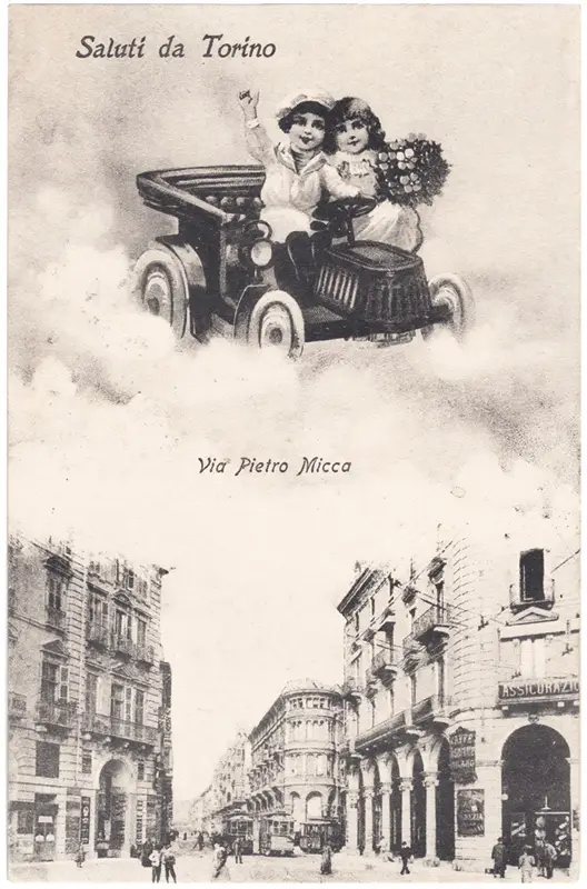 Cartolina storica di Torino, con dettaglio di Via Pietro Micca, 1905 ca.