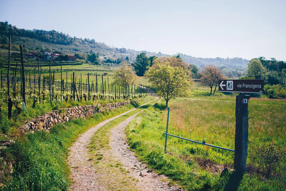 Panorama lungo la settima tappa ufficiale della Via Francigena in Italia, nella sua versione proveniente dalla Valle d'Aosta. Questo tratto collega Ivrea con il Lago di Viverone, passando ai piedi della Serra di Ivrea, ed è lungo circa 20 km (foto di Giulia Liliana Ferrando).