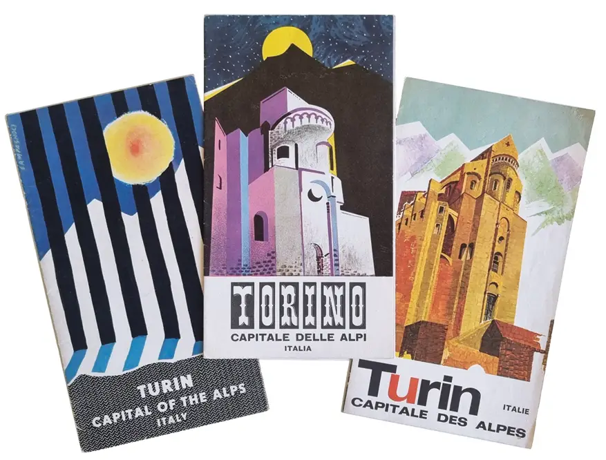 Torino. Capitale delle Alpi. Edizioni in diverse lingue dei dépliant EPT, tutti contenenti il panorama delle Alpi, anni 1955–1965.