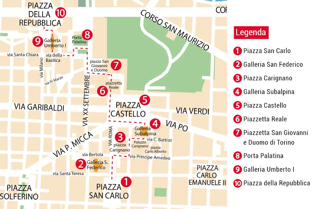 Itinerario tra le piazze e le gallerie principali di Torino.
